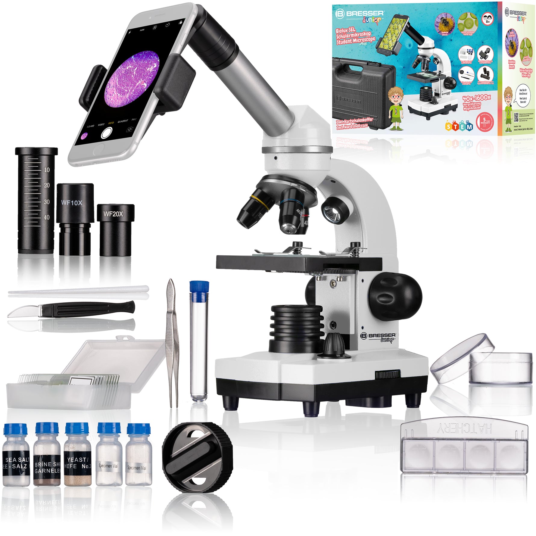 Microscopio Bresser Junior Biolux SEL 40–1600x con custodia, bianco