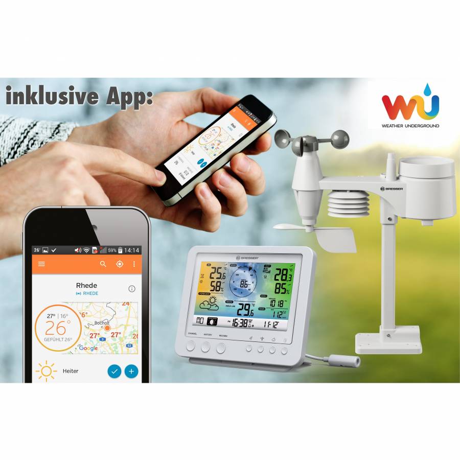 Stazione meteo a colori Bresser Wi-Fi con sensore professionale 5 in 1, bianca